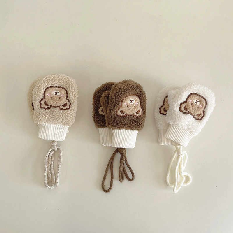 Autumn South Children's Gloves Winter Korean Style Cartoon Bear Lined Velvet Thickened Cute Warm Hanging Neck Baby Gloves