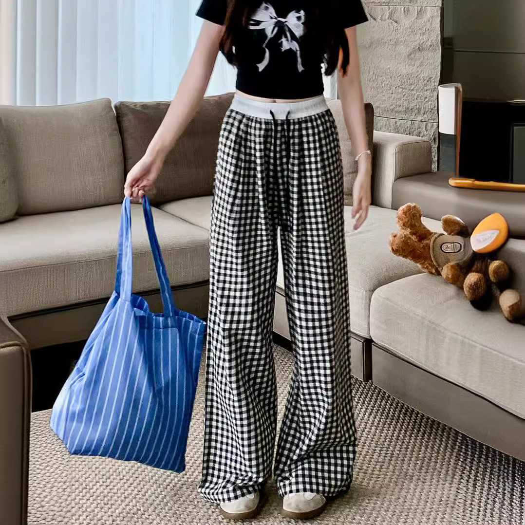 2024 Plaid Straight Casual Pants Women's High Waist Drawstring Wide Leg Pants Summer Dipping All-match Mop Pants