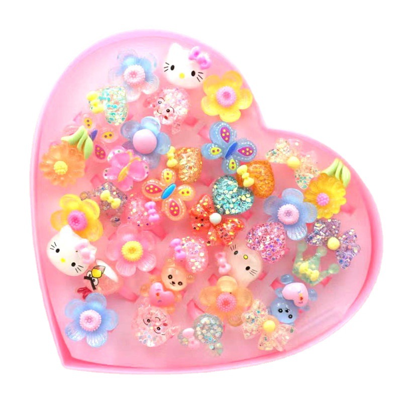 New 36 Children's Resin Cartoon Gem Ring Kindergarten Little Girl Plastic Ring Set Handset
