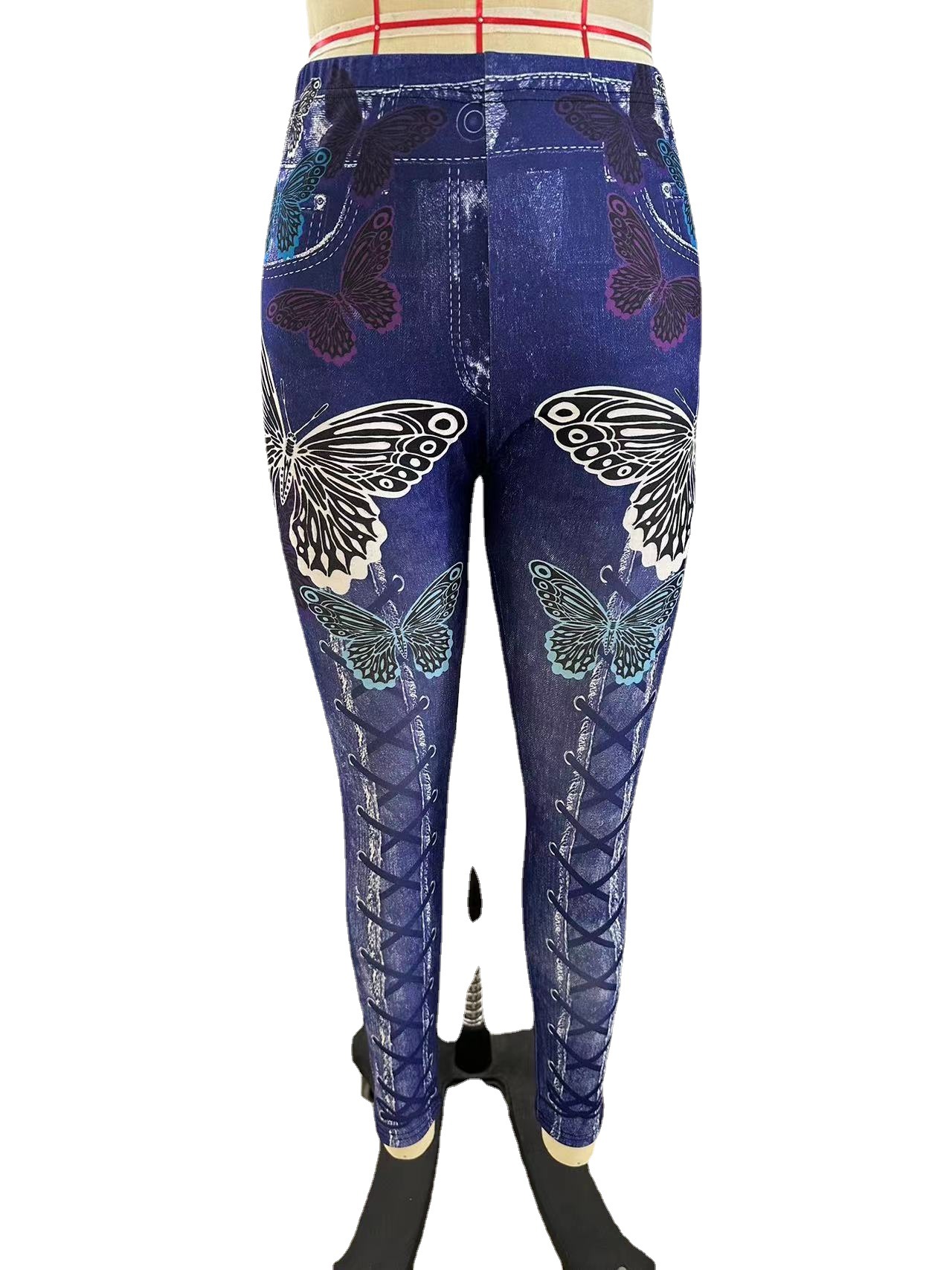 In Stock European and American AliExpress popular women's butterfly print Denim sports leggings plus size breathable