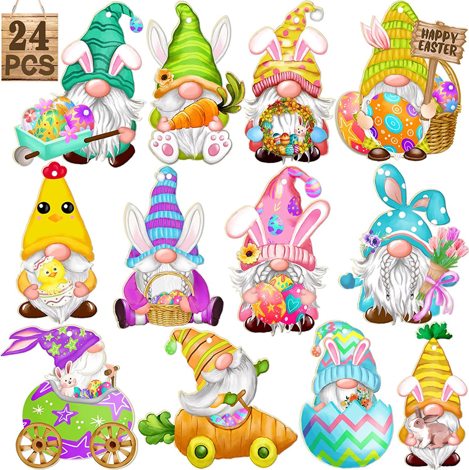 Cross-border New Easter Holiday Wood Chip Decorative Pendant Dwarf Rabbit Egg Decorative Tree Holiday Hanging Ornaments