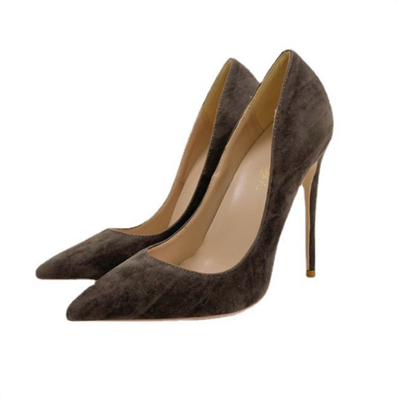 Cross-border foreign trade wholesale gray suede high heels 2022 Autumn New thin heel pointed shallow mouth professional women's shoes
