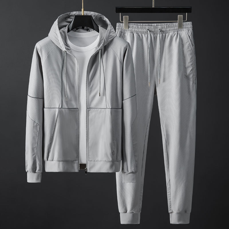 2024 Spring and Autumn New Sports Leisure suit Men's Honeycomb Mesh Elastic Slim-fit Hooded Fashion Two-piece Set for Men