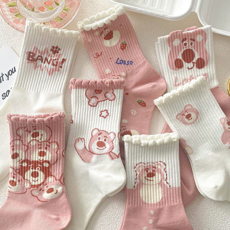 Pink socks women's mid-calf ins fashionable all-matching autumn and winter South Korea cute bear sweet all-matching student sports stockings