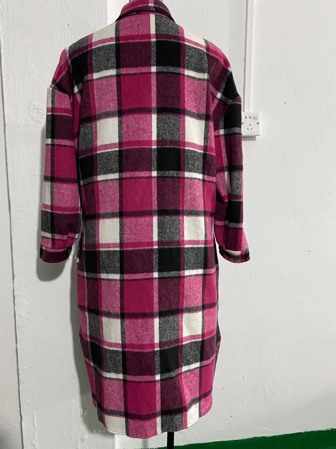 2021 Europe and America Cross-border Autumn and Winter New Women's Large Size Long Split Woolen Plaid Coat Coat_voghion.com