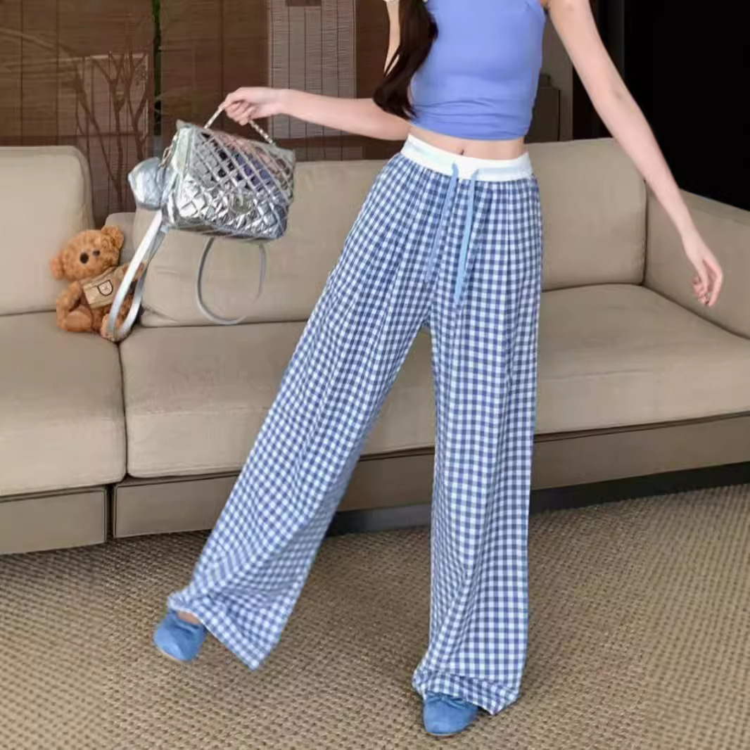 2024 Plaid Straight Casual Pants Women's High Waist Drawstring Wide Leg Pants Summer Dipping All-match Mop Pants