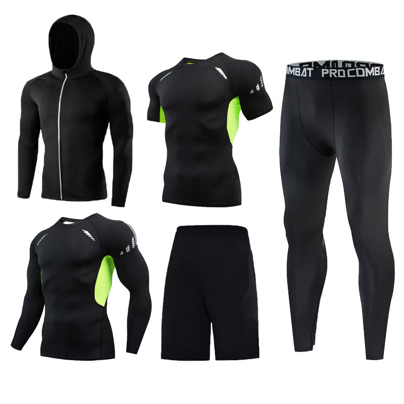 Morning Running Sports Tights Men's Running Suit Five-piece Quick-drying Clothes Basketball Training Suit Tights Fitness suit