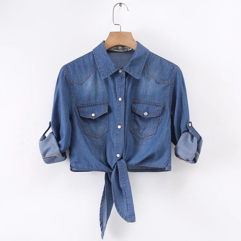 Lace-up knotted Denim shirt Women's Korean-style loose 2023 new spring and autumn thin Denim shawl in stock wholesale