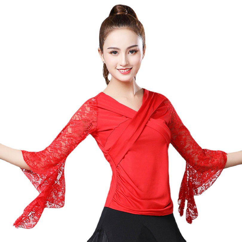 New Style Ballroom Dancing Suit Top Women's Horn Sleeve Dancing Suit Training Suit Latin Dancing Practice Costume Ballroom Dancing Suit