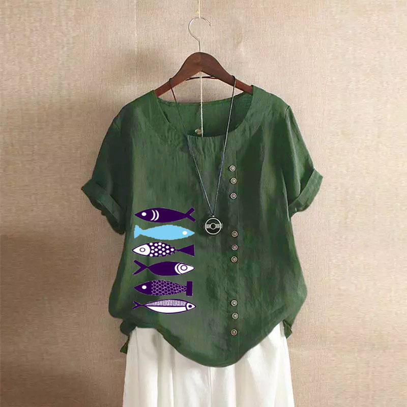 Summer 2025 Vintage plus size Casual Loose Cotton and Linen Short-sleeved Pullover T-shirt Cotton and Linen Women's plus size Women's Clothing Purple Fish