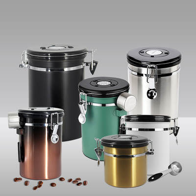 Storage Jar 304 Stainless Steel Exhaust Valve with Lid Dustproof Sealed Coffee Bean Coffee Powder Sealed Jar Storage Jar