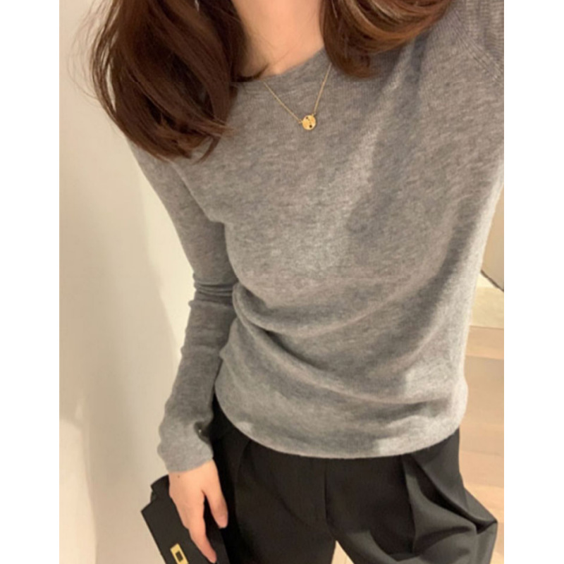 All-Match Thin Round Neck Slim-Fit Knitted Base Shirt Women's Basic Wool Inner Long-Sleeved Pullover Sweater Niche Elegant