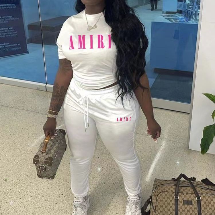 Cross-border European and American New Women's Letter Printing Casual Sports Top Short-sleeved Lace-up Pants Set