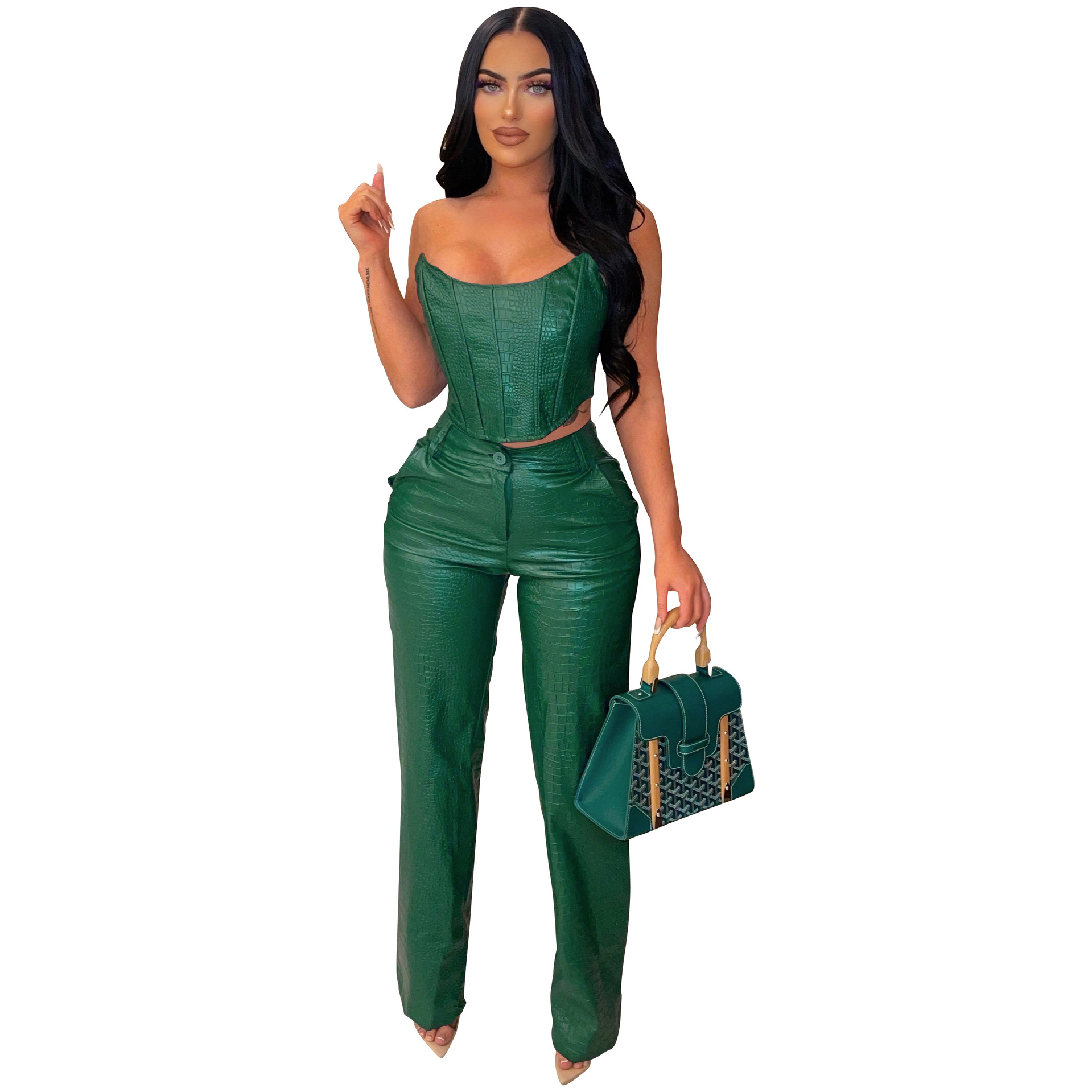 AL259 Amazon self-built website cross-border European and American women's tube top imitation leather suit sexy PU two-piece set