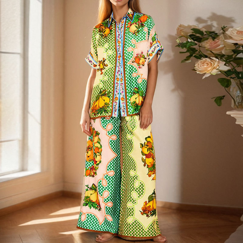 2025 independent station European and American women's printed color matching elastic waist pocket wide leg casual fashion suit women's two-piece set