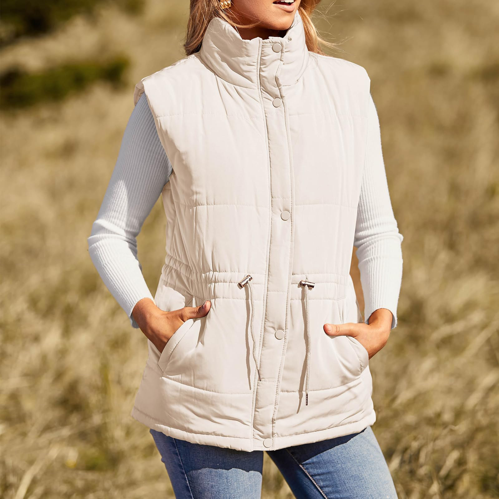 2024wish European and American solid color waist-tight single-breasted mid-length cotton-padded vest slim-fit elegant cardigan coat