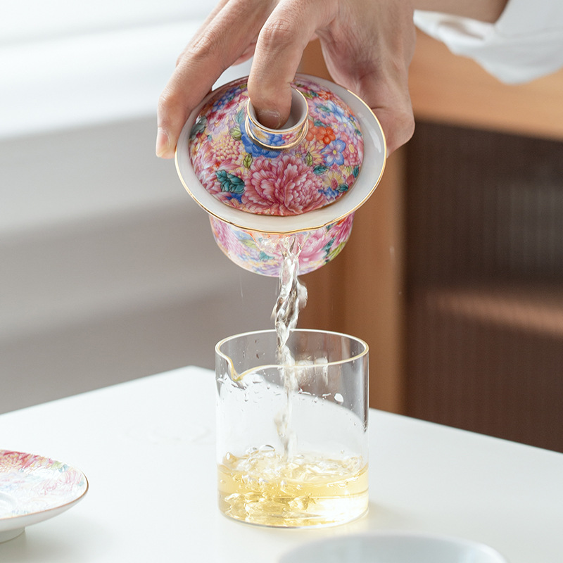 Enamel color Kung Fu Tea Set Cover bowl ceramic commercial women's tea making three-piece Cover bowl Holiday Gift Tea Bowl