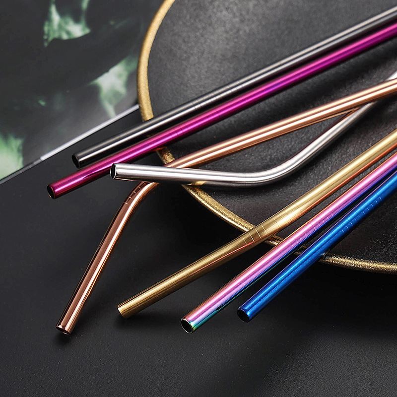 Cross-border 304 stainless steel straw suit gold-plated color metal beverage bubble tea coffee thermos cup drinking tube