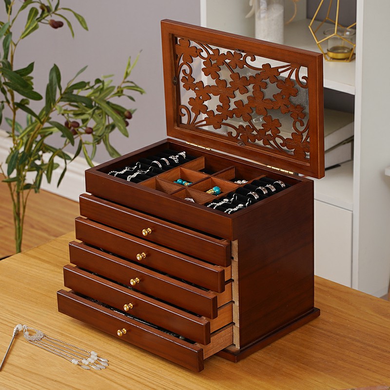 Wholesale Solid Wood Jewelry Box Large Capacity with Lock Chinese Classical Earrings Earrings Necklace Storage Box Wedding Jewelry Box