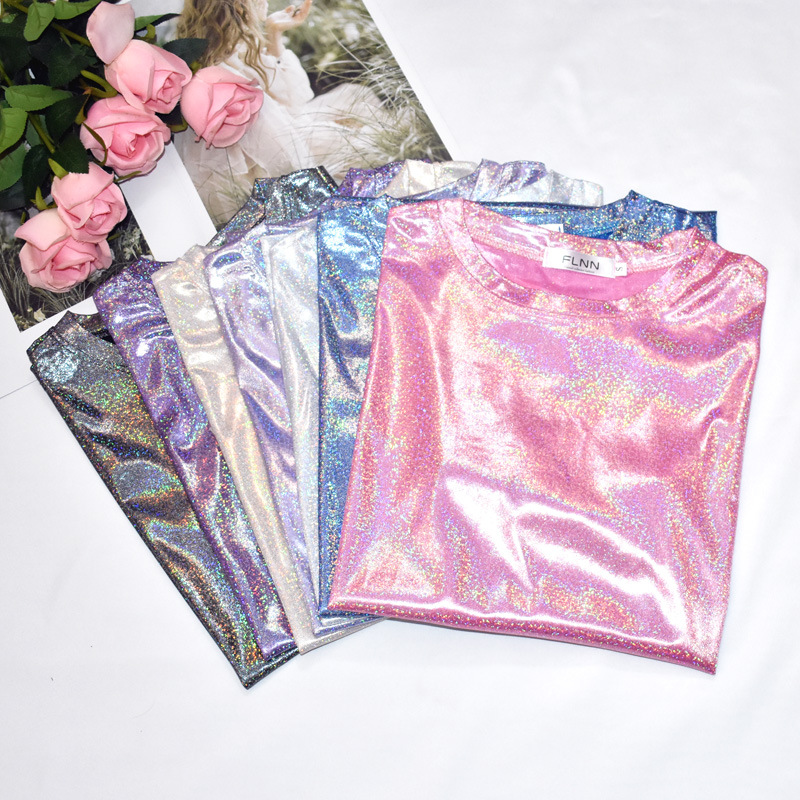 Korean Style Super Hot Thin Base Shirt Bright Silk Glitter Top Glitter Loose Short-sleeved T-shirt Women's Trendy Large Size T-shirt for Students