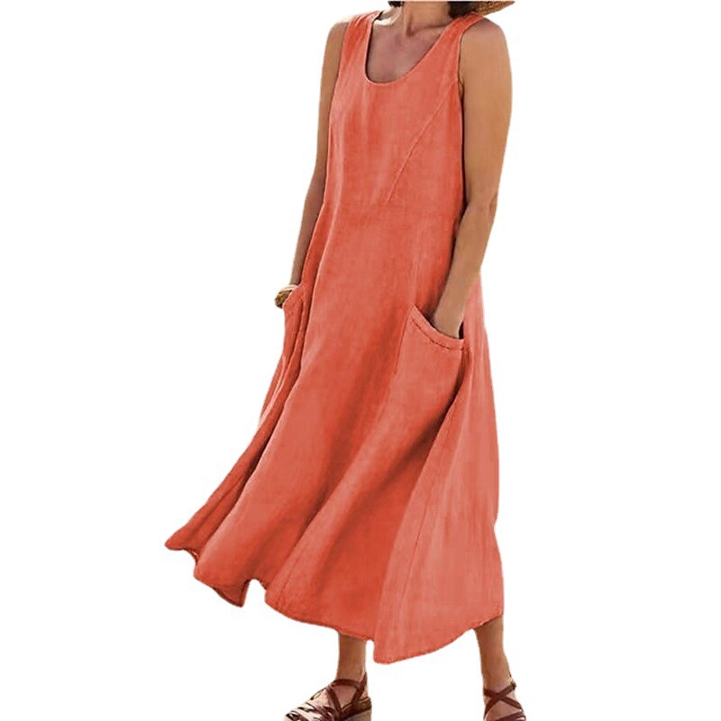 2024 summer pocket sleeveless round neck Women's cotton linen dress