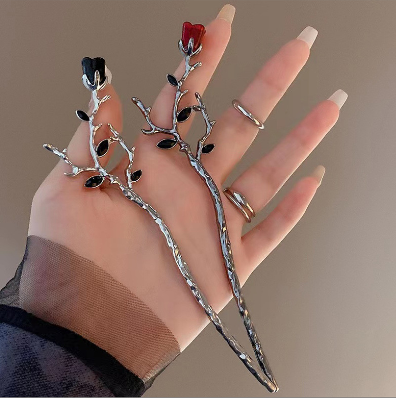 Rose hairpin silver metal women's high-grade new Chinese style updo hairpin personality unique design sense hairpin