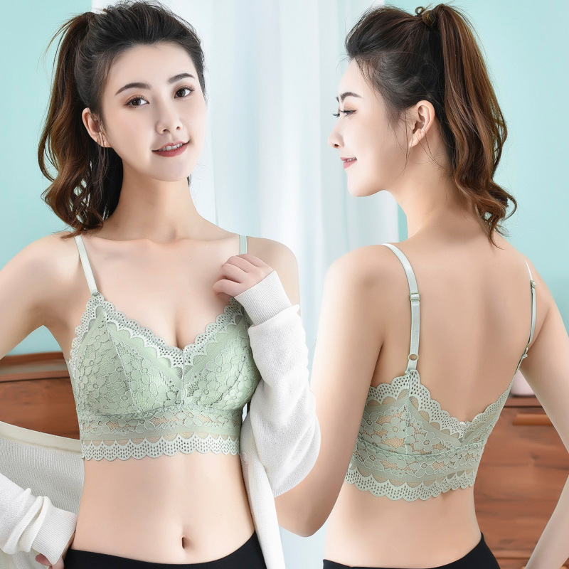 Camisole Women's Underwear Lace Anti-running Light Adjustable Shoulder Strap Bra with Chest Pad Black