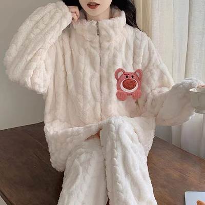 Coral fleece pajamas for women Spring Autumn Winter thickened warm cute flannel home wear princess style suit pink bear