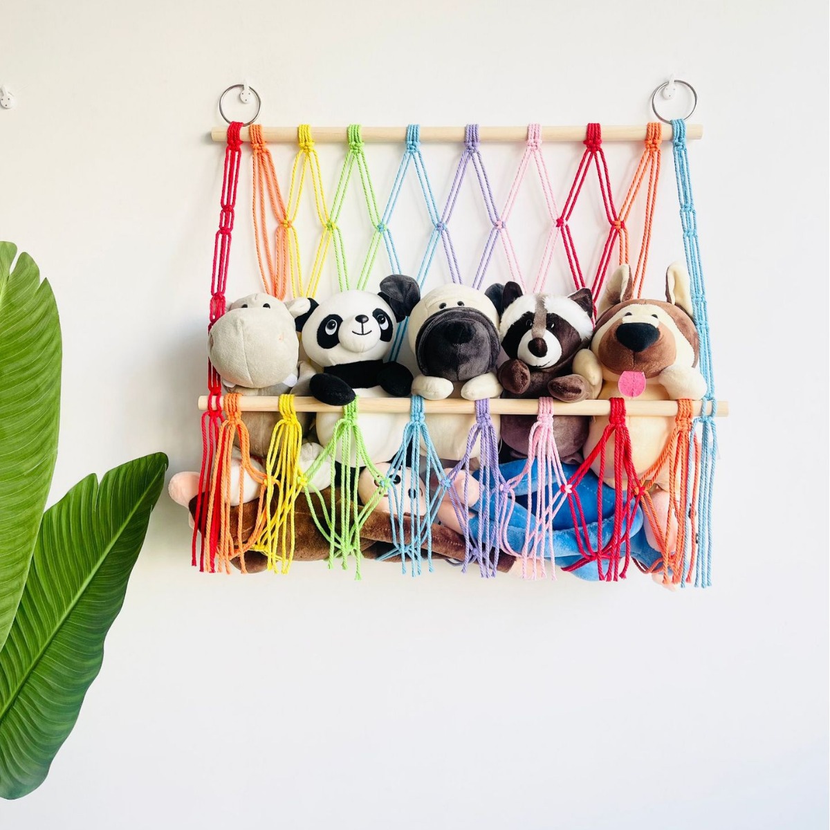 ins three-layer storage rack simple decoration children's room book decoration wooden stick double-layer plush toy storage net pocket