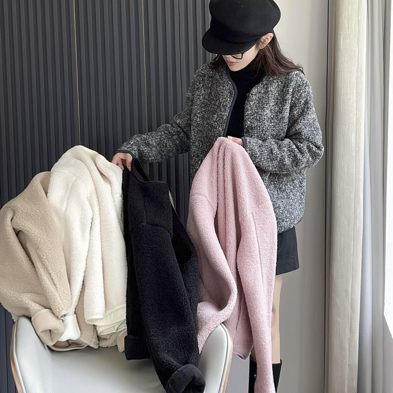 Faux lambswool fleece round neck cardigan long sleeve coat 2023 autumn and winter New windproof fleece jacket 461660