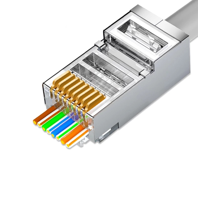 CAT6 six types of shielding through hole Crystal Head 8p Gigabit perforated network wire connector Network gold-plated crystal head through type