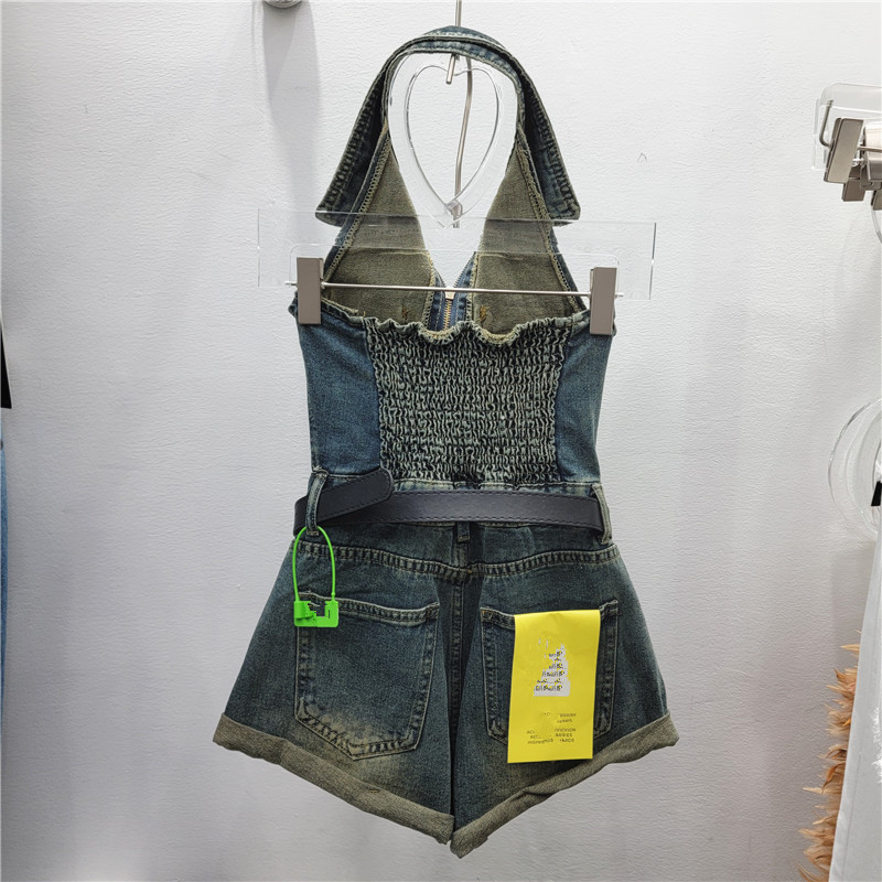 Summer new Korean style POLO collar sleeveless single-breasted vest + high waist curling wide leg shorts Denim suit women