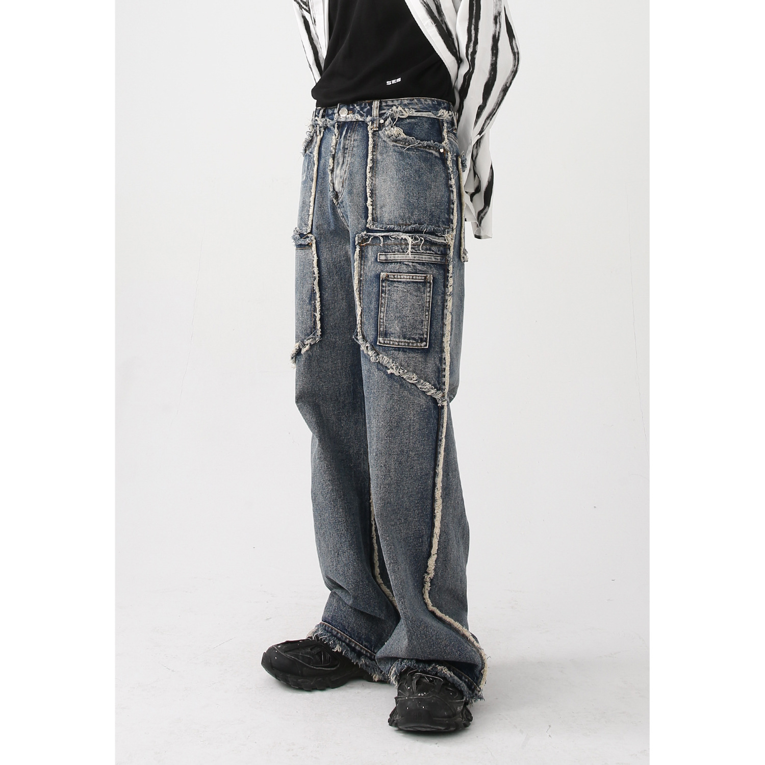 MELCLOTHES men's clothing | 2022 Autumn New retro do old wash water raw edge straight tube stitching jeans