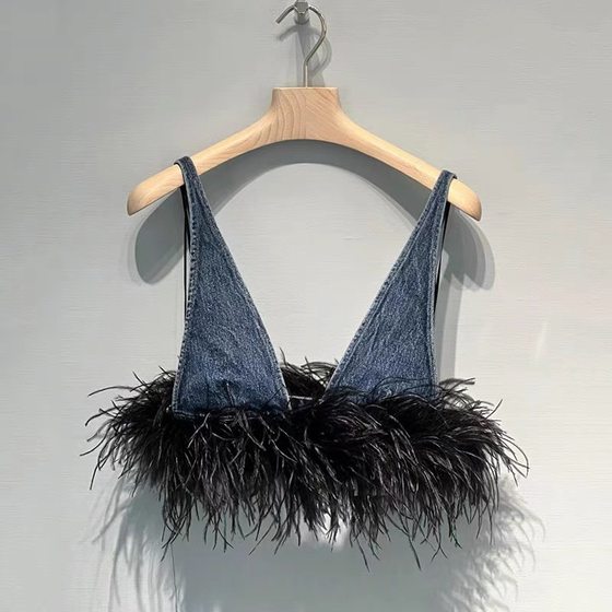 Niche design 24 early spring new personalized feather decoration Denim V-neck strap high waist skirt slimming suit