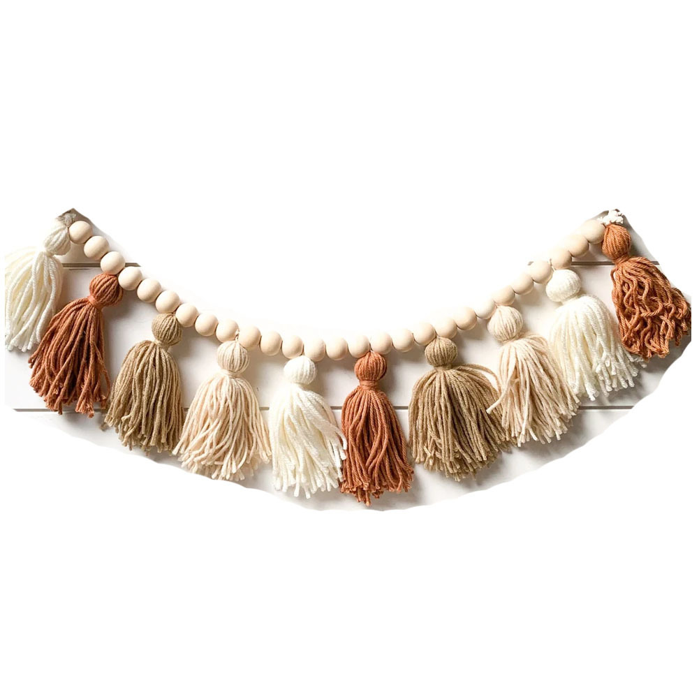 ins Nordic Style Handmade Wooden Bead String Wool Tassel String Home Children's Room Decorative Wall Hanging Wall Hanging
