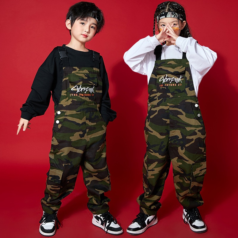 兒童街舞套裝嘻哈童裝潮服秋季少兒hiphop男童迷彩背帶褲演出服裝
