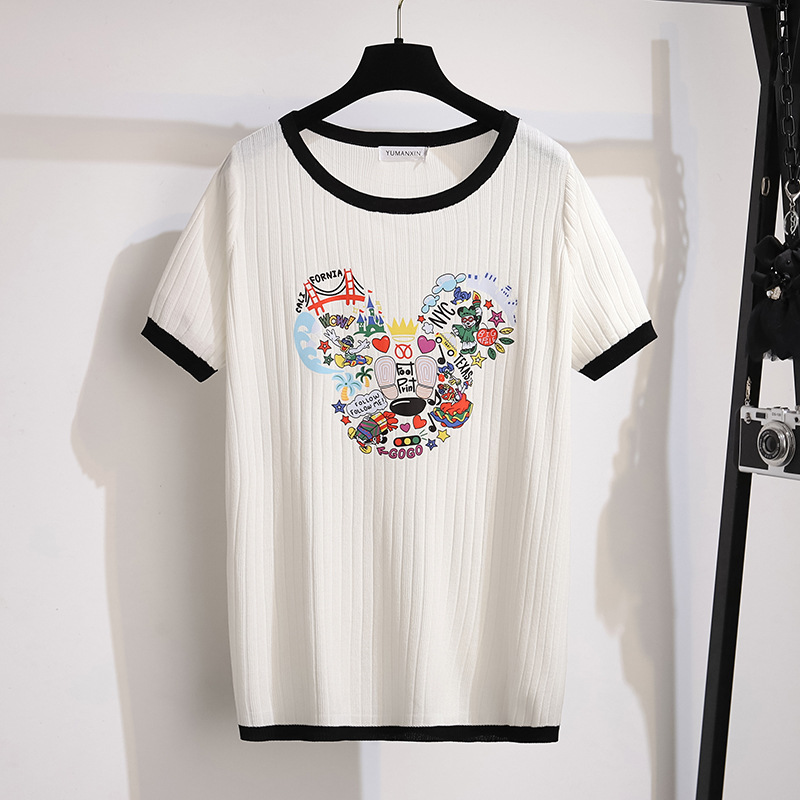 Large size women's summer ice silk small fragrant wind knitted jacket fat MM slim 200/300kg short sleeve T-shirt 8156