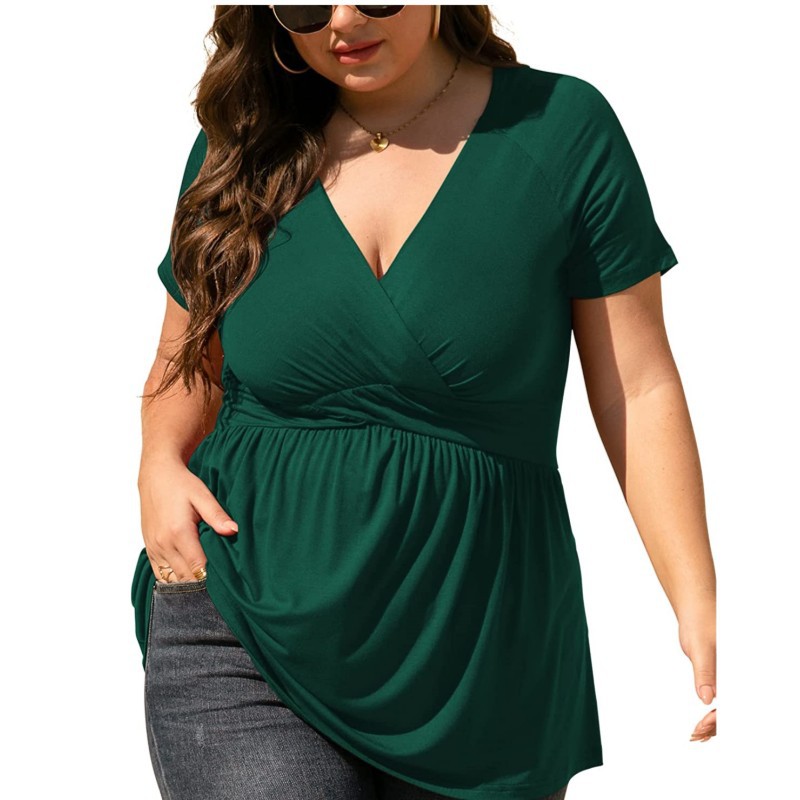 Spring and Summer 2023 New Cross-border Amazon Independent Station Explosions Women's Large Size T-Shirt V-Neck Top Foreign Trade Women's Wear