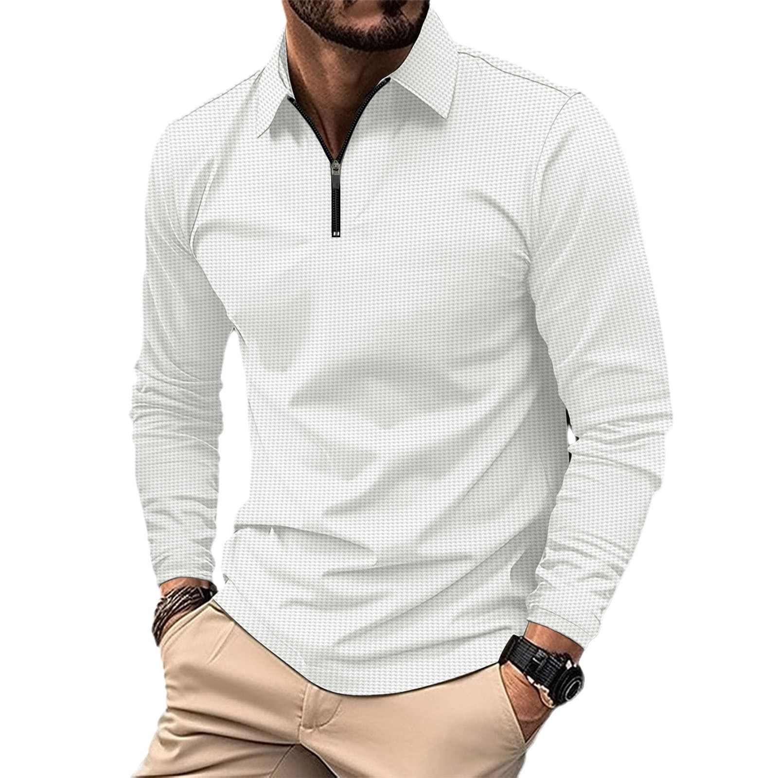 New independent station ebay cross-border European and American men's lapel fashion solid color waffle long sleeve men's T-shirt POLO