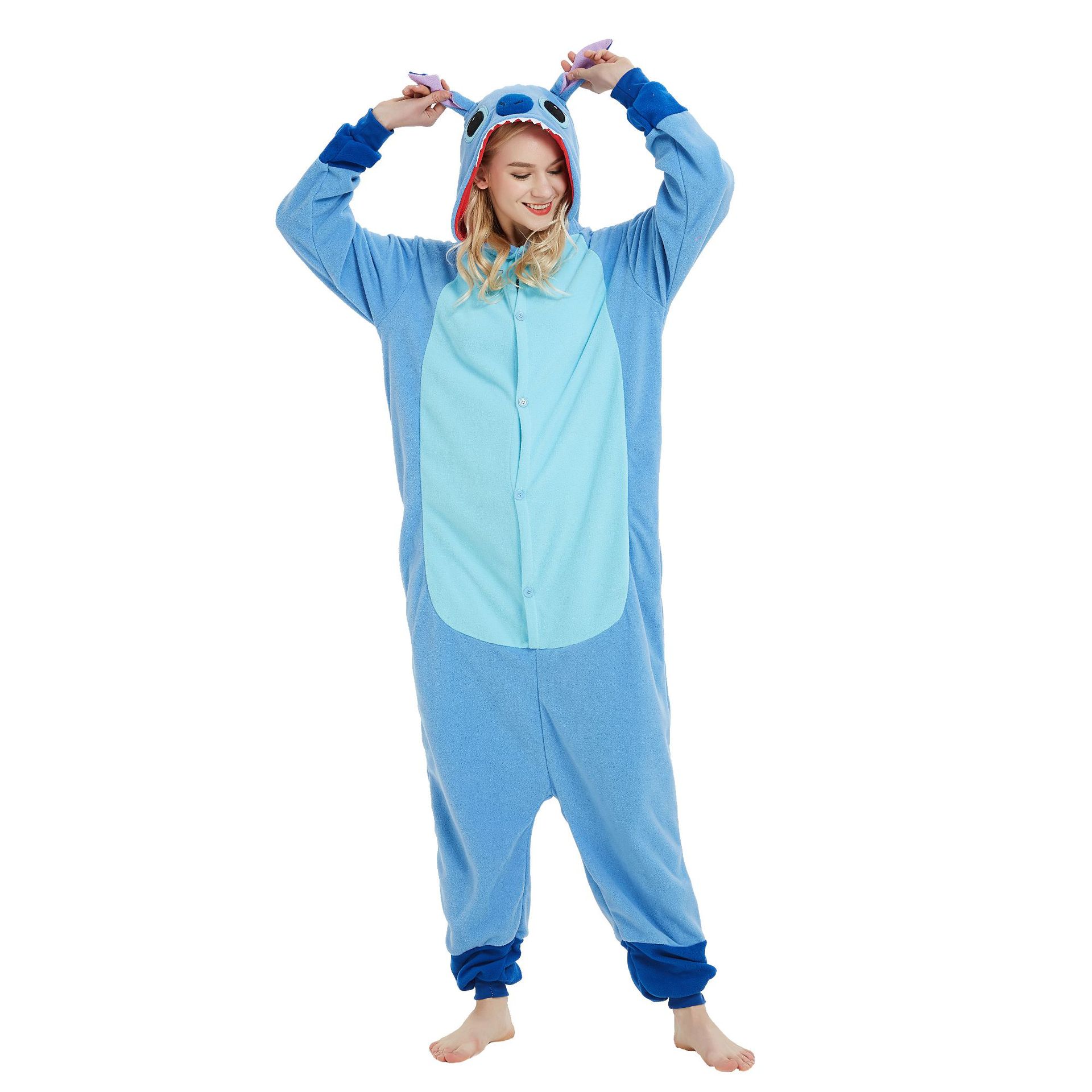 Halloween Fleece Cartoon Animal Sleepsuit Blue Pink Pudding Stitch Couples Home Costume Performance Costume