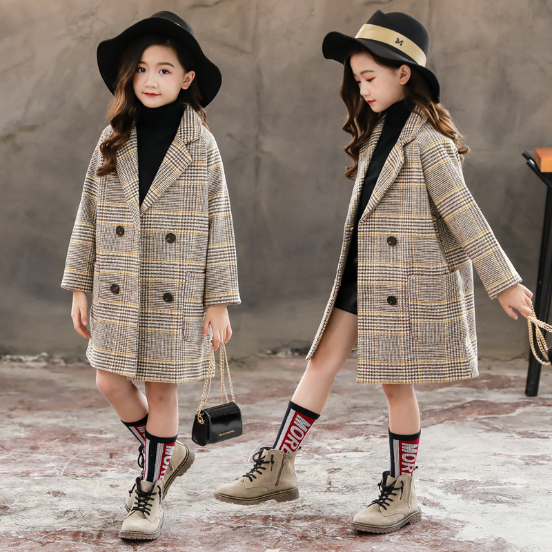 Girls' Woolen Coat 2021 Autumn and Winter New Children's Mid-length Plaid Coat Trendy Woolen Coat for Large Children