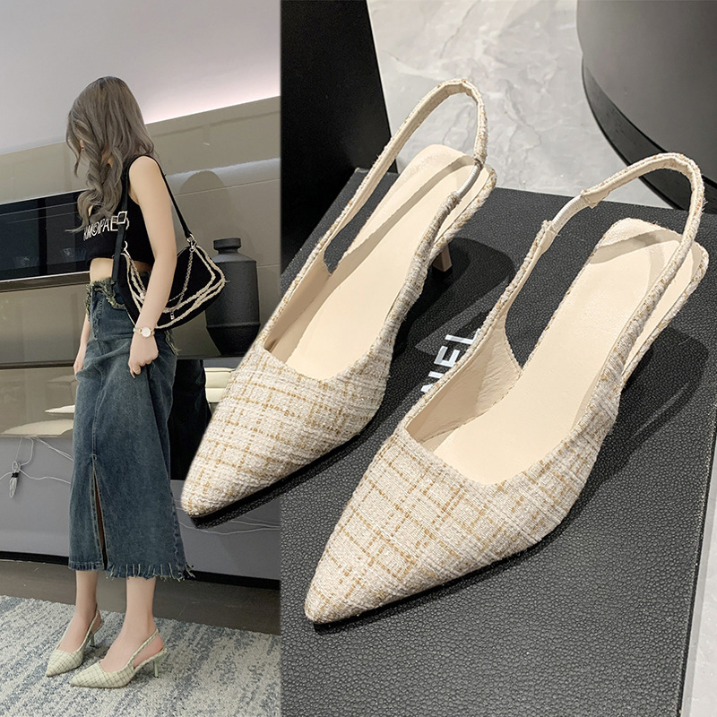 French Chanel style high heel closed toe sandals for women 2023 new summer stiletto heel pointed toe slip-on shoes wholesale delivery
