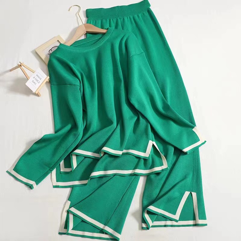 2024 autumn new temperament contrast color split long sleeve sweater high waist slim wide leg pants pants two-piece suit