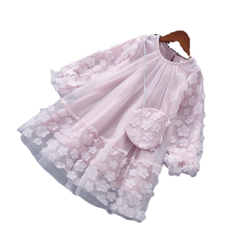 Spring new children's skirt mesh flower shiny belt bag long sleeve girls dress Korean version of a generation of hair