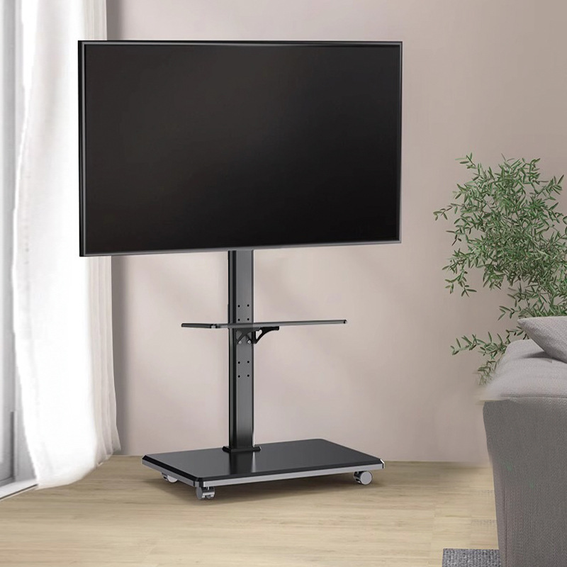 Universal TV floor stand mobile wheeled solid wood art all-in-one trolley rack suitable for 55/65/70 inches