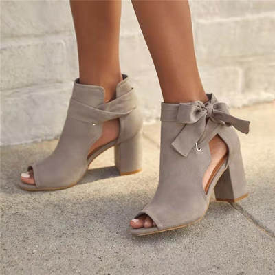 wish cross-border foreign trade mid heel plus size sandals Women's European and American side empty bow chunky heel peep toe Roman shoes Amazon