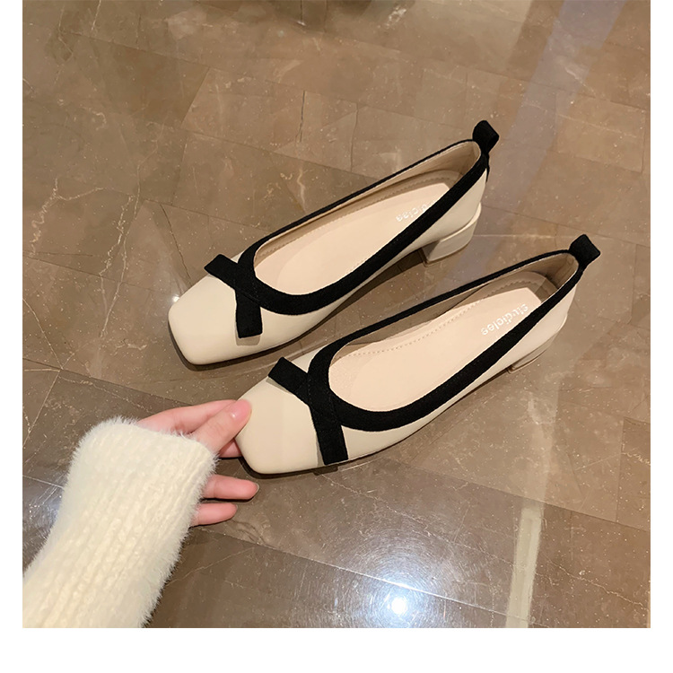 [Grape Mom Same Style] French Evening Wind Bow High Heels Square Head Shallow Mouth Thick Heel Shoes Women's Summer and Autumn