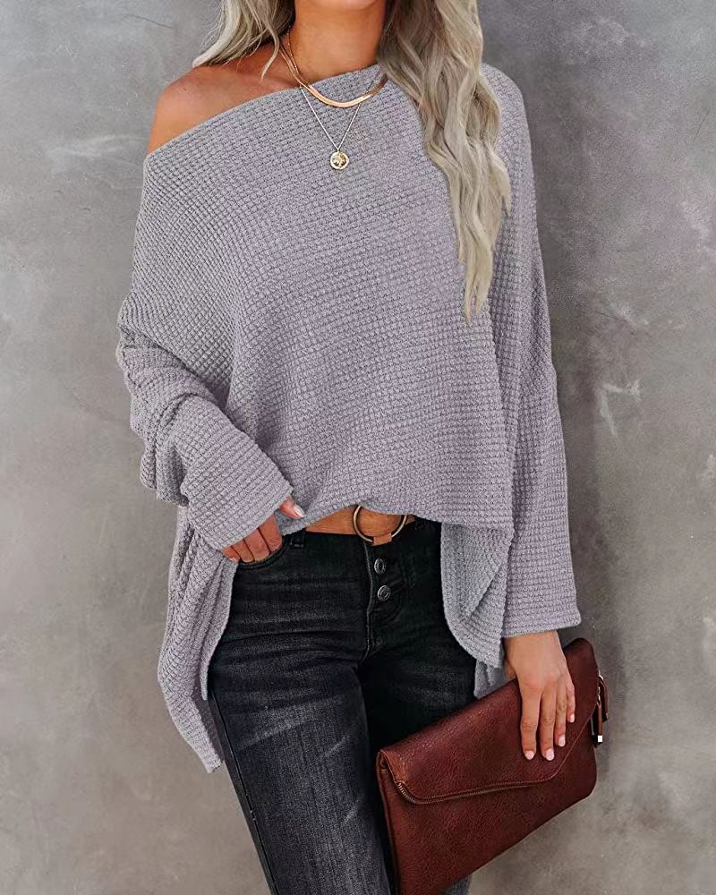 Women's knitted top waffle slanted shoulder 2023 new autumn Amazon Europe and America cross-border women's regular top