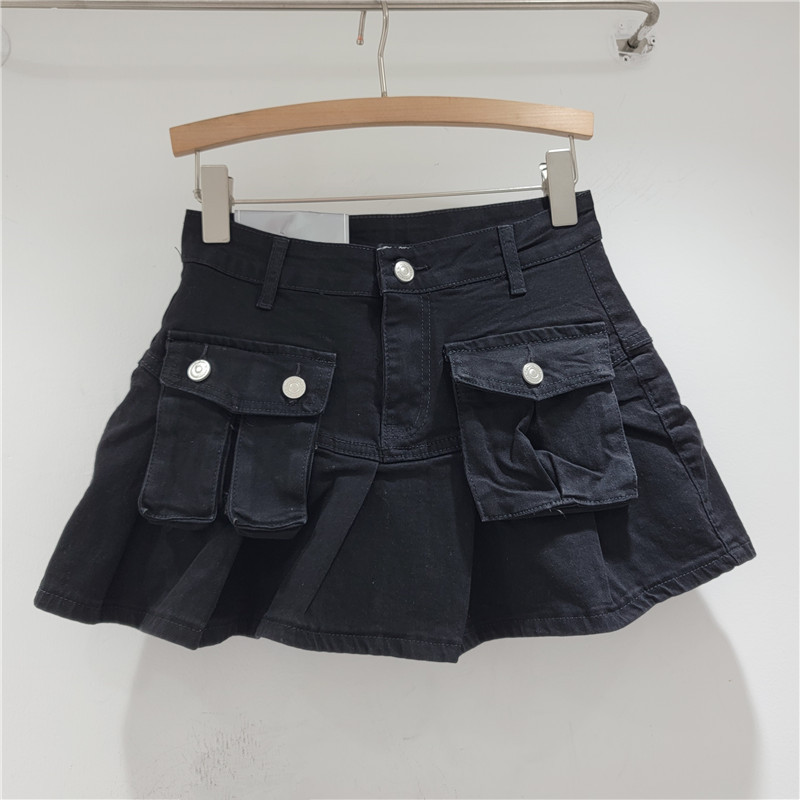 Age-reducing pocket Denim small skirt women's small hot girl pleated skirt retro high waist anti-exposure A- line skirt