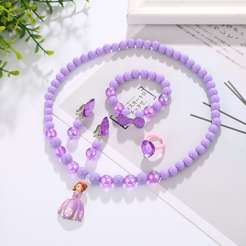 Children's Necklace Bracelet Ear Clip Ring Set Ice and Snow Princess Necklace Children's Beaded Jewelry Set Wholesale